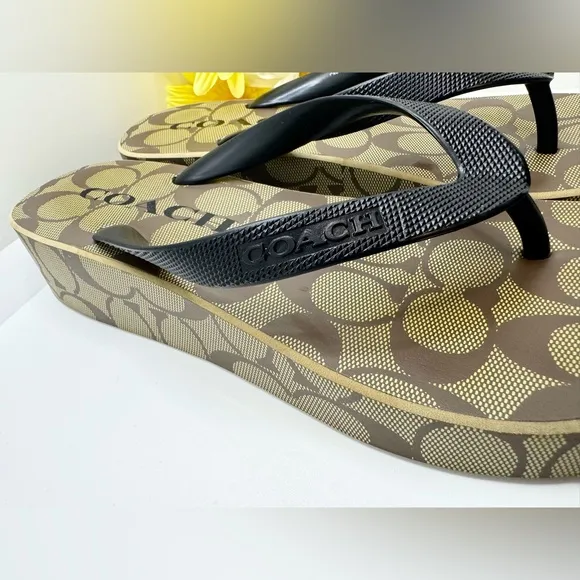 Coach Women's Lynn Wedge Khaki Black Flip Flop Platform Sandals 7B