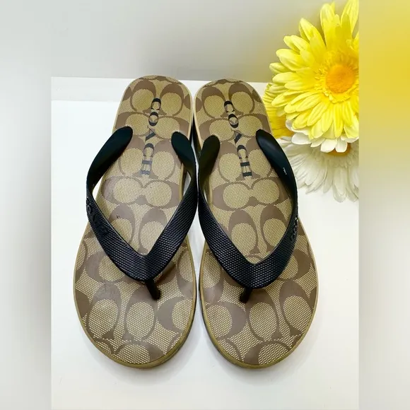 Coach Women's Lynn Wedge Khaki Black Flip Flop Platform Sandals 7B