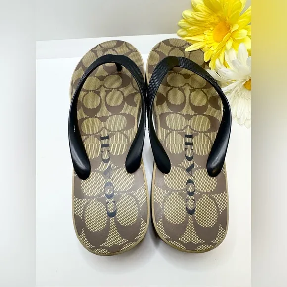 Coach Women's Lynn Wedge Khaki Black Flip Flop Platform Sandals 7B