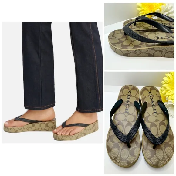 Coach Women's Lynn Wedge Khaki Black Flip Flop Platform Sandals 7B