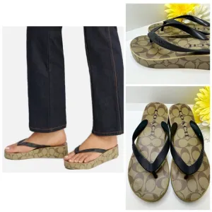 Coach Women's Lynn Wedge Khaki Black Flip Flop Platform Sandals 7B