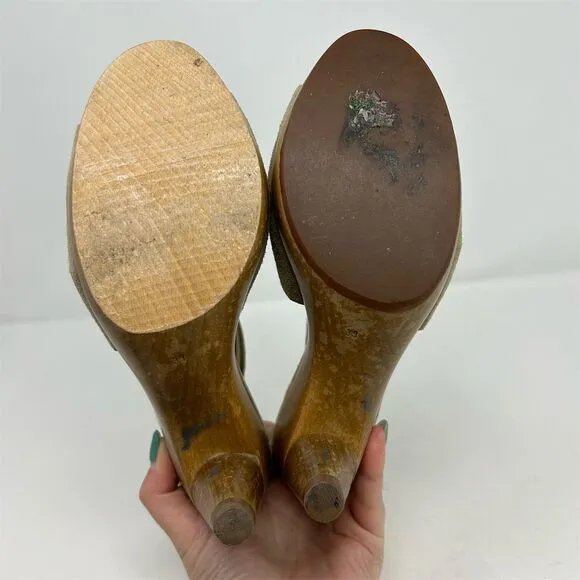 Coclico Women's Green T-Strap Peep Toe Pumps Size 39 Wood Platform Back Zipper