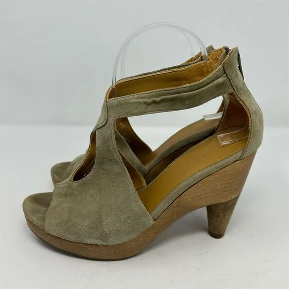 Coclico Women's Green T-Strap Peep Toe Pumps Size 39 Wood Platform Back Zipper