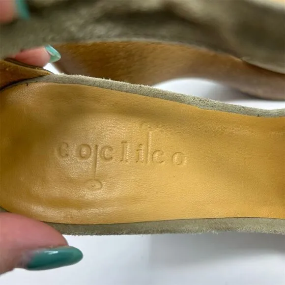 Coclico Women's Green T-Strap Peep Toe Pumps Size 39 Wood Platform Back Zipper