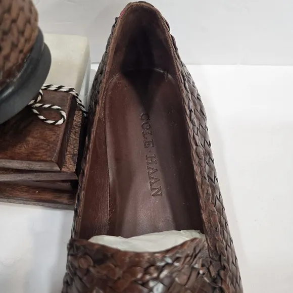 COLE HAAN Shoes Mens 10M Brown Leather Weave Loafers Woven Made in Brazil 10240