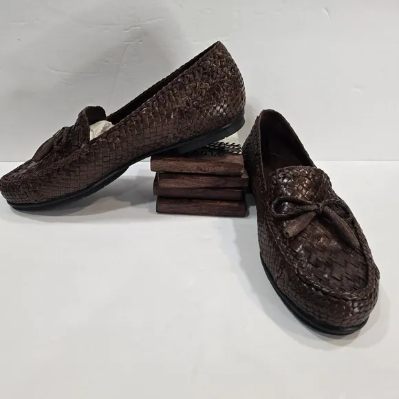 COLE HAAN Shoes Mens 10M Brown Leather Weave Loafers Woven Made in Brazil 10240