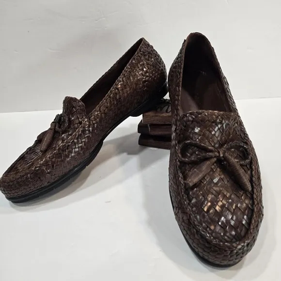 COLE HAAN Shoes Mens 10M Brown Leather Weave Loafers Woven Made in Brazil 10240