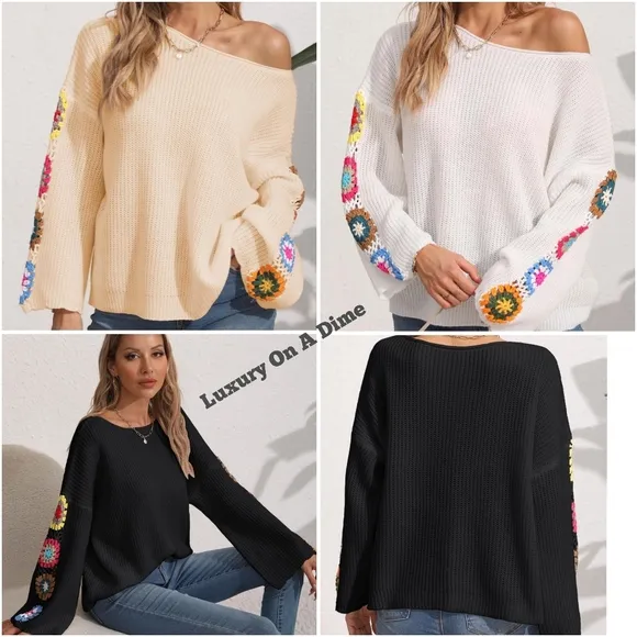 Colorful Crochet Flower Boho Long Sleeve Waffle Knit Shirt Oversized Retro Top
