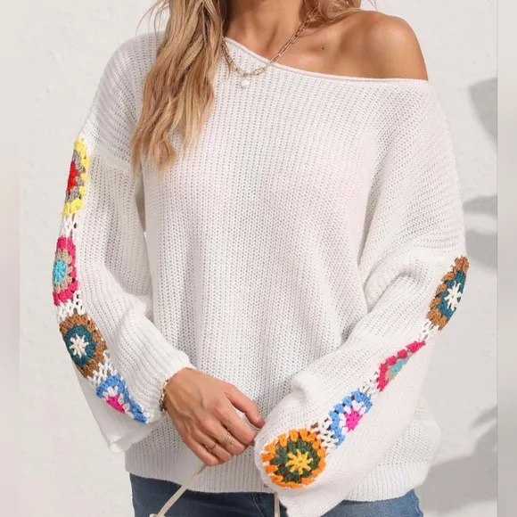 Colorful Crochet Flower Boho Long Sleeve Waffle Knit Shirt Oversized Retro Top
