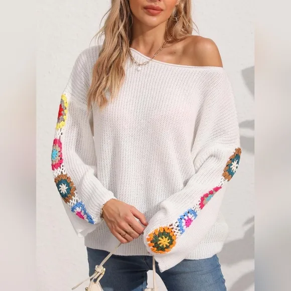 Colorful Crochet Flower Boho Long Sleeve Waffle Knit Shirt Oversized Retro Top