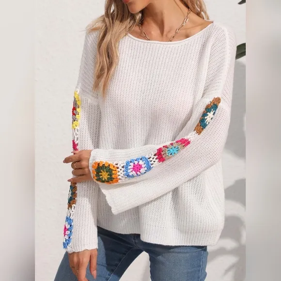 Colorful Crochet Flower Boho Long Sleeve Waffle Knit Shirt Oversized Retro Top