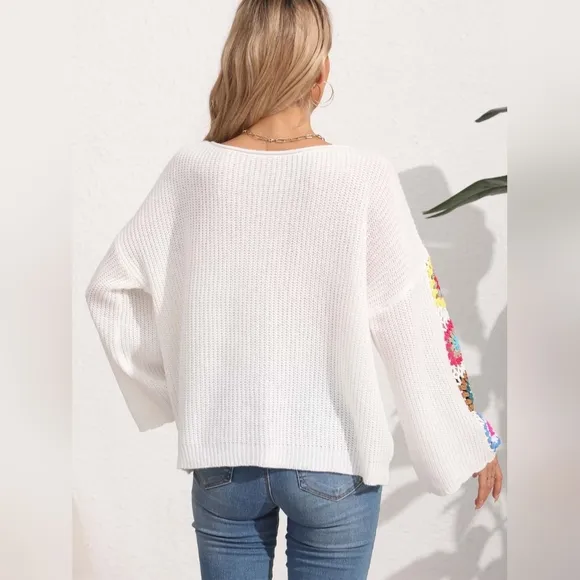 Colorful Crochet Flower Boho Long Sleeve Waffle Knit Shirt Oversized Retro Top