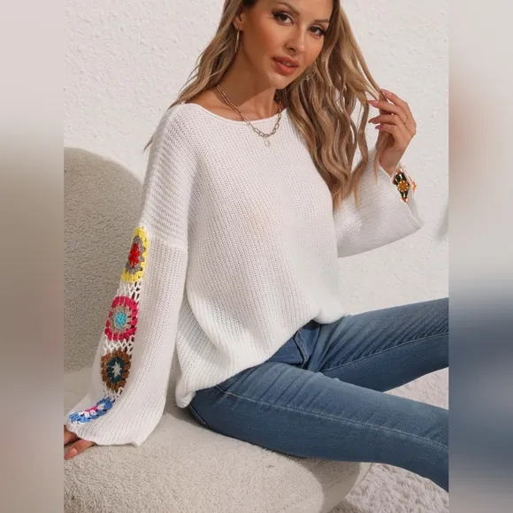 Colorful Crochet Flower Boho Long Sleeve Waffle Knit Shirt Oversized Retro Top