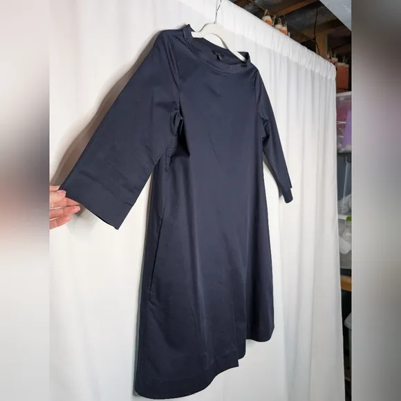 COS Stand-Up Collar Boat neck A-Line Navy Cotton Center Slit Pleat Mini Dress 4