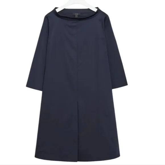COS Stand-Up Collar Boat neck A-Line Navy Cotton Center Slit Pleat Mini Dress 4