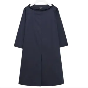 COS Stand-Up Collar Boat neck A-Line Navy Cotton Center Slit Pleat Mini Dress 4