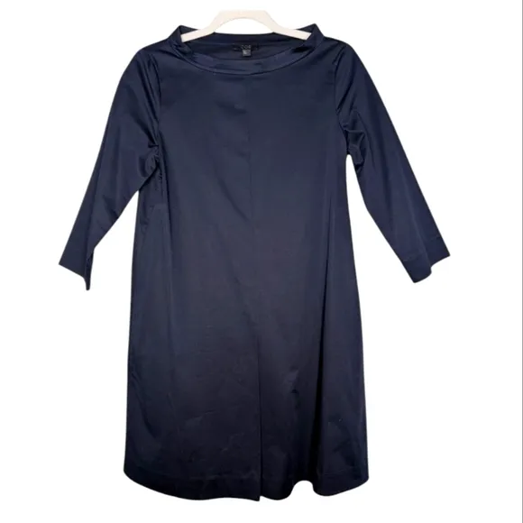 COS Stand-Up Collar Boat neck A-Line Navy Cotton Center Slit Pleat Mini Dress 4