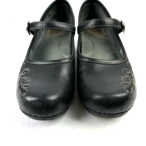 Dansko Savannah Maryjane Clog 38 Black Leather Floral Embroidered Womens Shoes