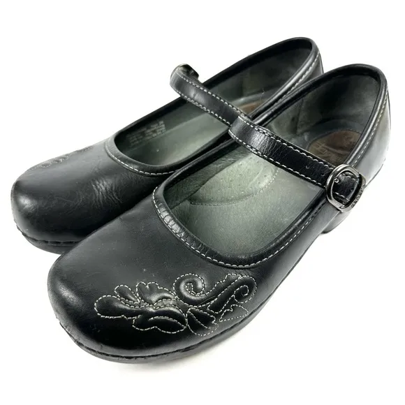 Dansko Savannah Maryjane Clog 38 Black Leather Floral Embroidered Womens Shoes