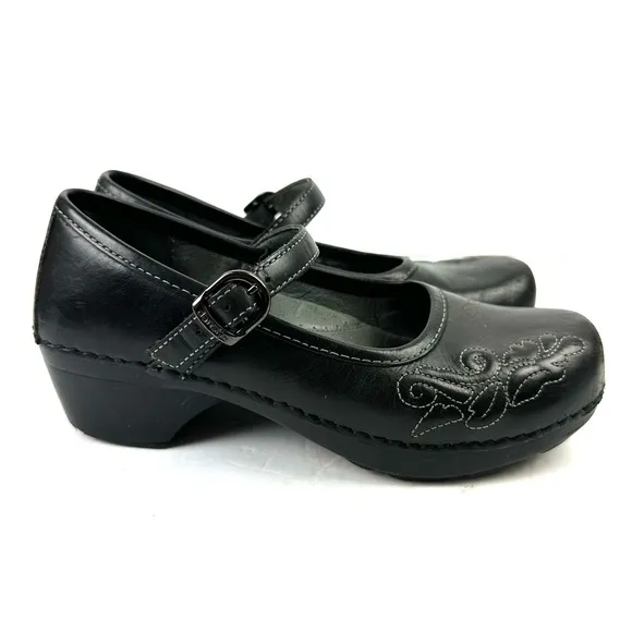 Dansko Savannah Maryjane Clog 38 Black Leather Floral Embroidered Womens Shoes
