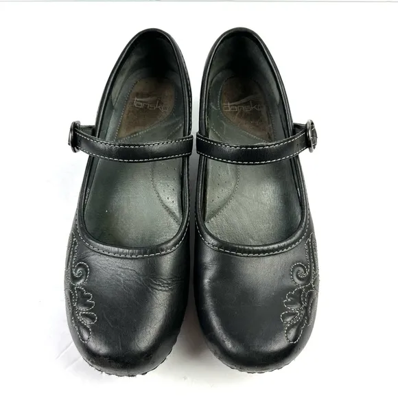 Dansko Savannah Maryjane Clog 38 Black Leather Floral Embroidered Womens Shoes