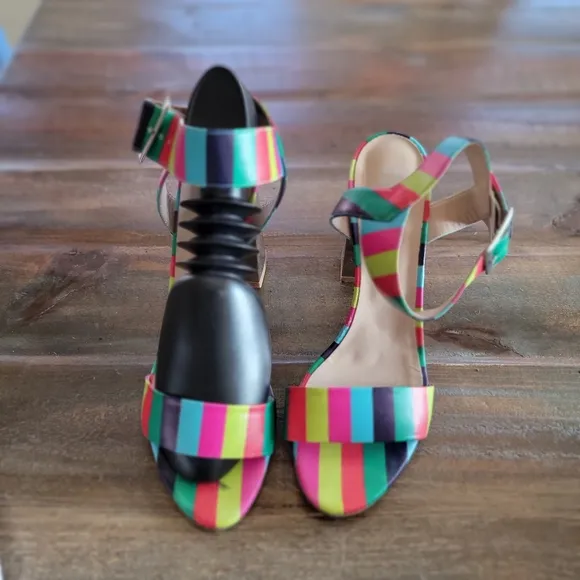 DEE KELLER Vibrant Multi-Colored Stripe Heel Sandals Pink Green Made In Italy