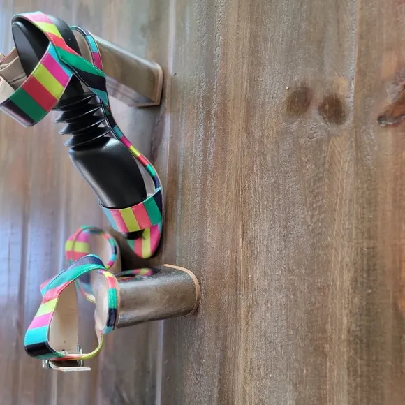 DEE KELLER Vibrant Multi-Colored Stripe Heel Sandals Pink Green Made In Italy