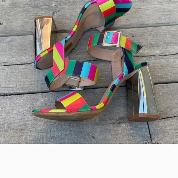 DEE KELLER Vibrant Multi-Colored Stripe Heel Sandals Pink Green Made In Italy