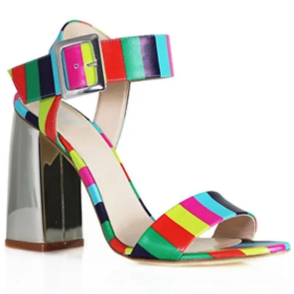 DEE KELLER Vibrant Multi-Colored Stripe Heel Sandals Pink Green Made In Italy