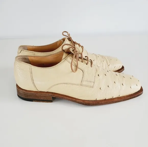 Dee Mens Italy Handmade Ostrich Leather Derby Dress Shoes LaceUp Sz 10 Light Tan