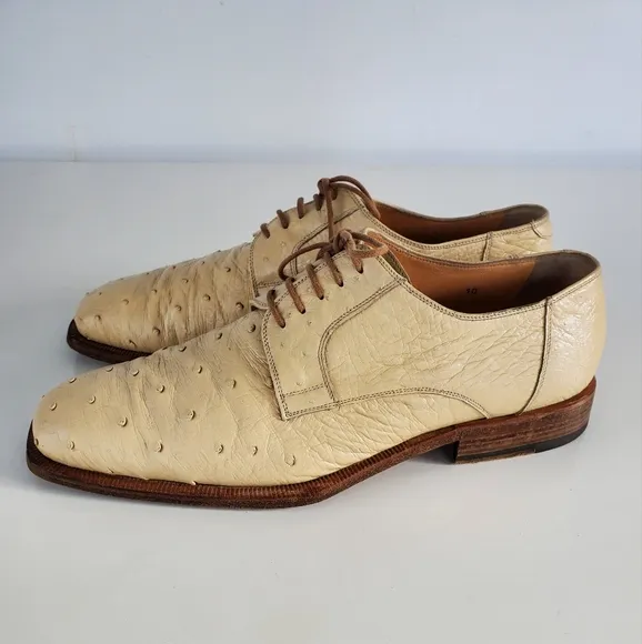 Dee Mens Italy Handmade Ostrich Leather Derby Dress Shoes LaceUp Sz 10 Light Tan