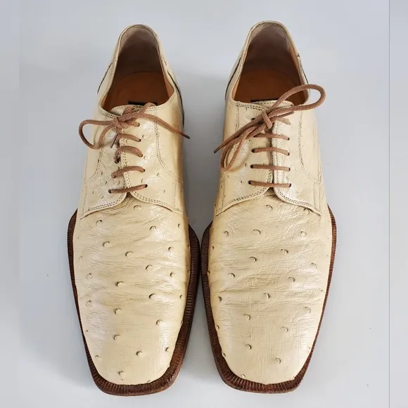 Dee Mens Italy Handmade Ostrich Leather Derby Dress Shoes LaceUp Sz 10 Light Tan