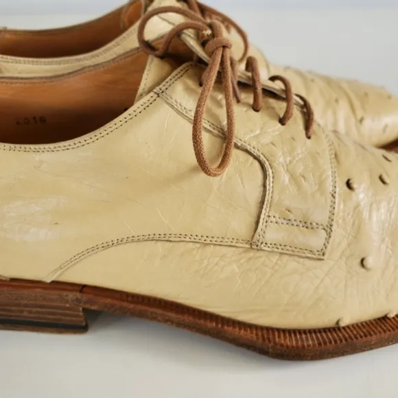 Dee Mens Italy Handmade Ostrich Leather Derby Dress Shoes LaceUp Sz 10 Light Tan