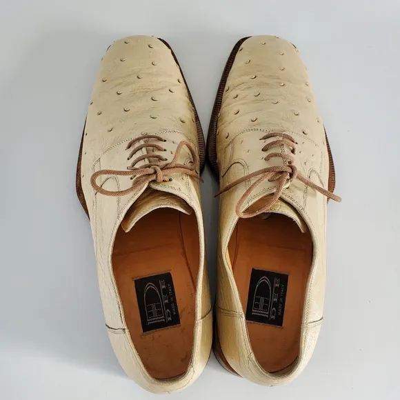 Dee Mens Italy Handmade Ostrich Leather Derby Dress Shoes LaceUp Sz 10 Light Tan