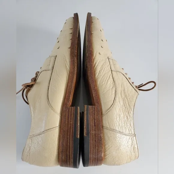Dee Mens Italy Handmade Ostrich Leather Derby Dress Shoes LaceUp Sz 10 Light Tan