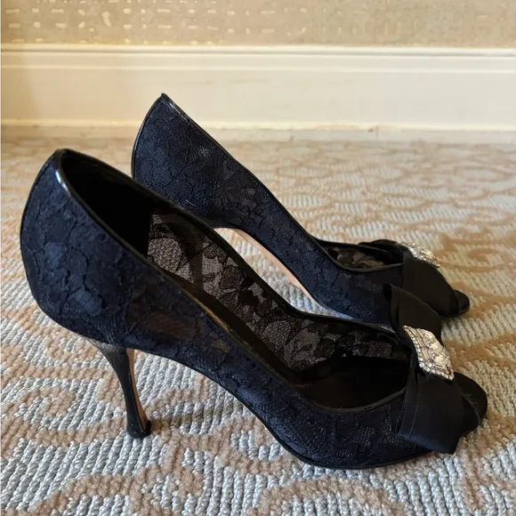 Dolce &amp; Gabbana Black Lace Crystal Embellished Peep Toe Pumps Size 37