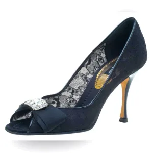 Dolce &amp; Gabbana Black Lace Crystal Embellished Peep Toe Pumps Size 37