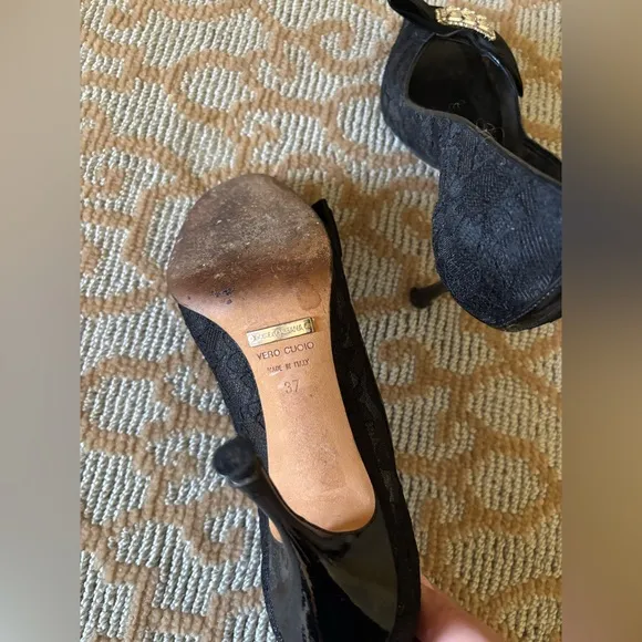 Dolce &amp; Gabbana Black Lace Crystal Embellished Peep Toe Pumps Size 37