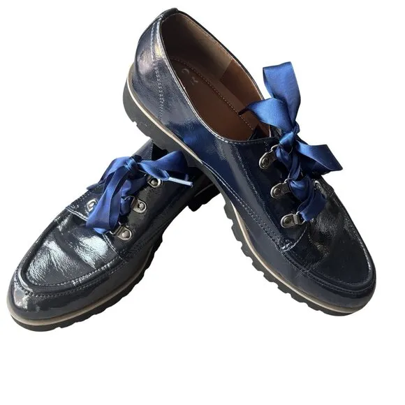 Donald Pliner Womens 9.5M Patent Leather Navy Lace-Up Loafers