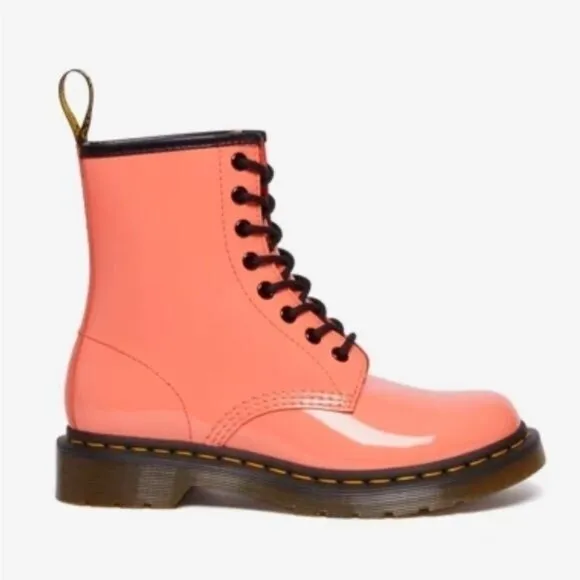 Dr. Martens 1460 Womens Patent Leather Lace-Up Platform Combat Boot Coral Size 7