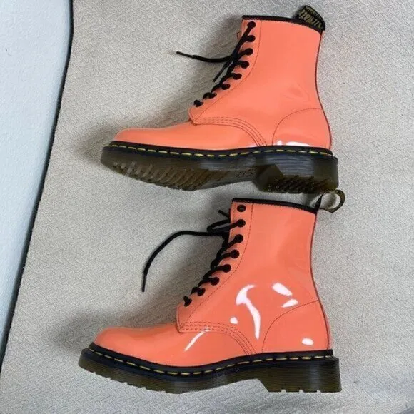 Dr. Martens 1460 Womens Patent Leather Lace-Up Platform Combat Boot Coral Size 7