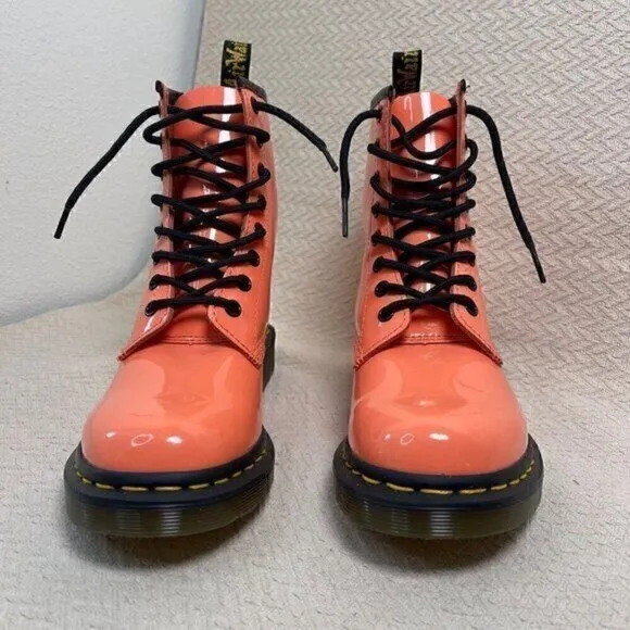 Dr. Martens 1460 Womens Patent Leather Lace-Up Platform Combat Boot Coral Size 7