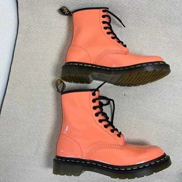 Dr. Martens 1460 Womens Patent Leather Lace-Up Platform Combat Boot Coral Size 7