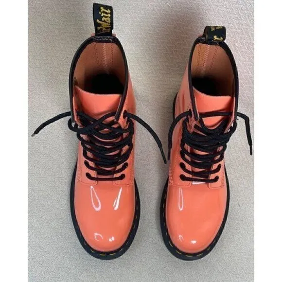 Dr. Martens 1460 Womens Patent Leather Lace-Up Platform Combat Boot Coral Size 7
