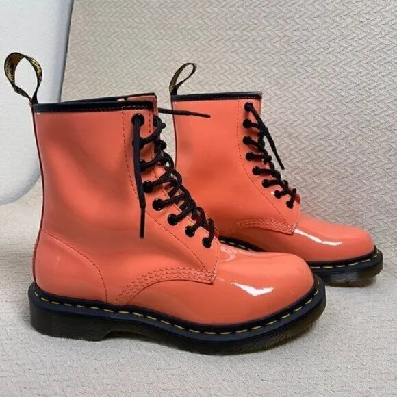 Dr. Martens 1460 Womens Patent Leather Lace-Up Platform Combat Boot Coral Size 7