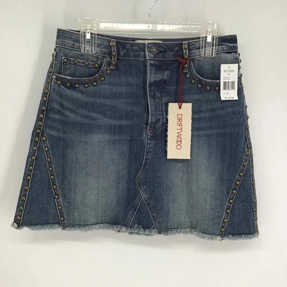 Driftwood Stef Frayed Hem Studded Denim Mini Skirt Button-Up Blue NWT Size 28