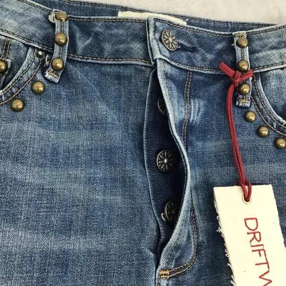 Driftwood Stef Frayed Hem Studded Denim Mini Skirt Button-Up Blue NWT Size 28