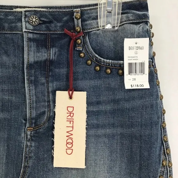 Driftwood Stef Frayed Hem Studded Denim Mini Skirt Button-Up Blue NWT Size 28