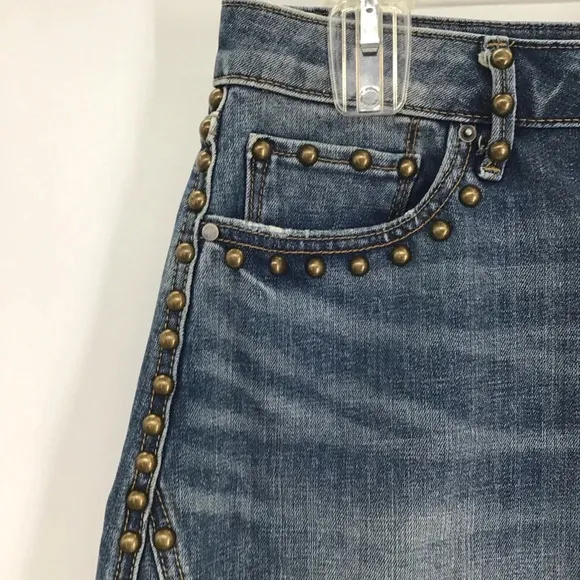 Driftwood Stef Frayed Hem Studded Denim Mini Skirt Button-Up Blue NWT Size 28