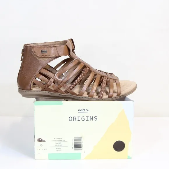 Earth Origins Bella Bruna Brown Almond Leather Gladiator Flat Sandals NWT NIB
